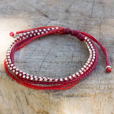 Silver beaded wristband bracelet, 'Fiery Red' - Artisan Crafted Silver Braided Red Wristband Bracelet