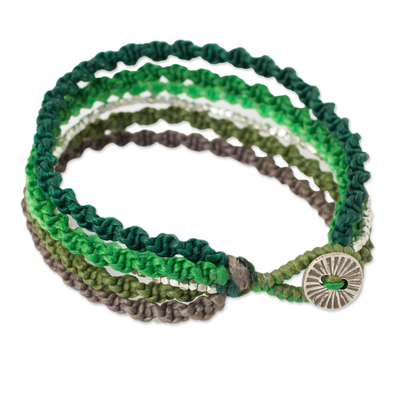 Silver wristband bracelet, 'Wondrous Green' - Thai Hill Tribe Silver Beads on Green Wristband Bracelet