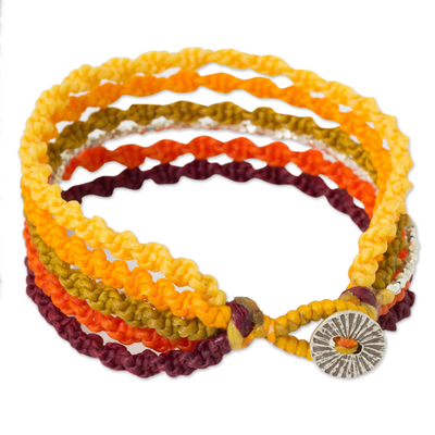 Silver wristband bracelet, 'Wondrous Orange' - Macrame Bracelet Artisan Crafted Wristband with Silver
