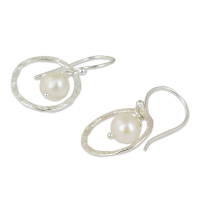 Cultured pearl dangle earrings, 'Twin Moons' - White Pearls Earrings Crafted with Hammered Sterling Silver