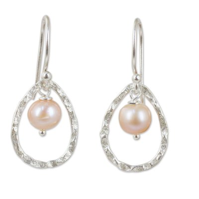 Cultured pearl dangle earrings, 'Pink Moons' - Pink Pearls in Hand Crafted Thai Sterling Silver Earrings