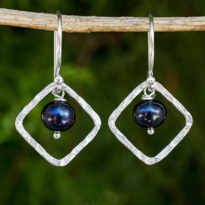 Cultured pearl dangle earrings, 'Black Moons' - Fair Trade Sterling Silver Earrings with Black Pearls