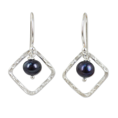 Cultured pearl dangle earrings, 'Black Moons' - Fair Trade Sterling Silver Earrings with Black Pearls