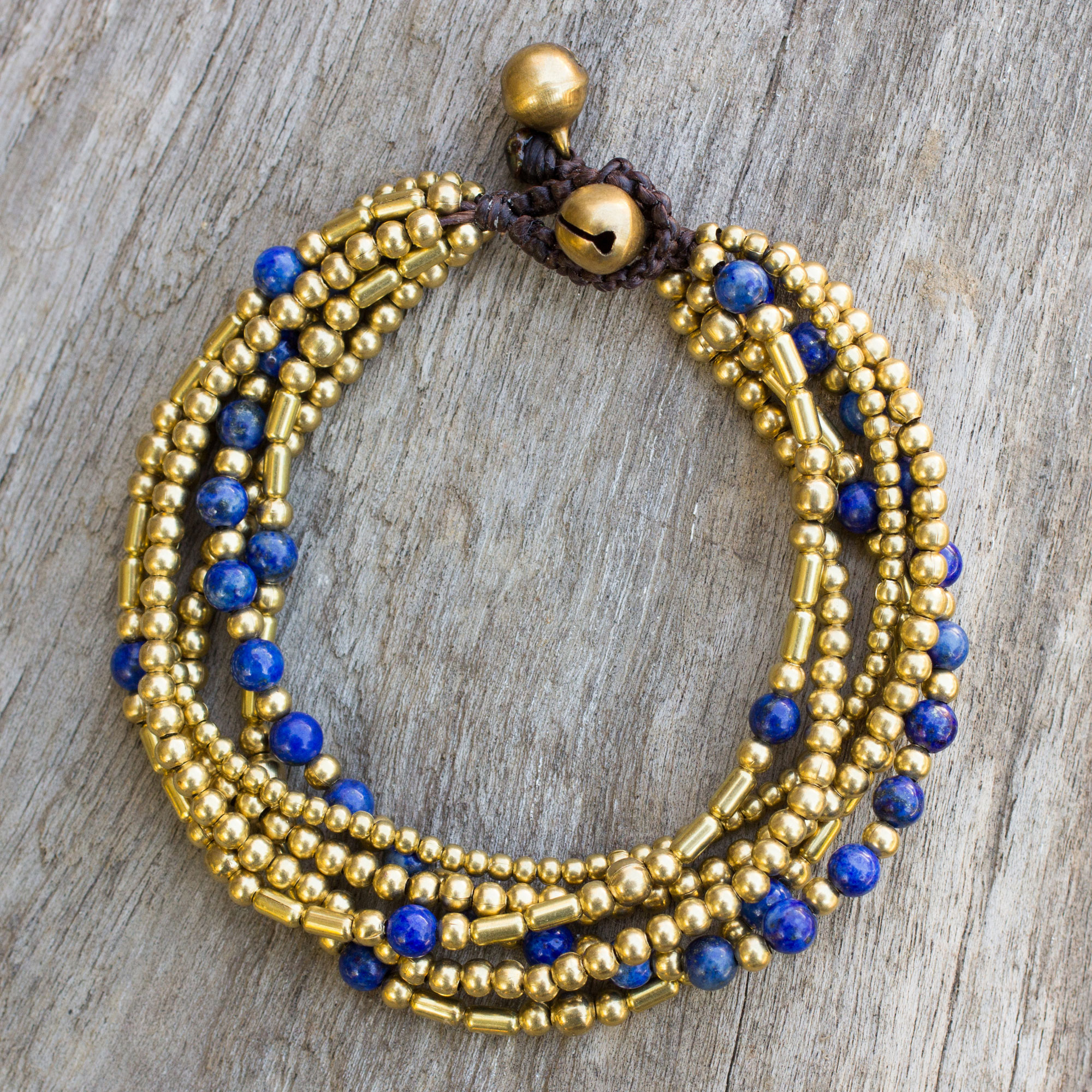 Lapis Lazuli Brass Beaded Bracelet Crafted by Hand, 'Blue Freedom'