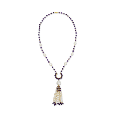 Cultured pearl and amethyst pendant necklace, 'Romantic Orchid' - Pearl and Amethyst on 24k Gold Plated Silver Long Necklace