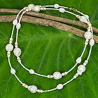 Cultured pearl with gold accents strand necklace, 'Starry Clouds' - Golden Stars on White Pearl Strand Necklace Crafted by Hand