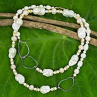 Cultured pearl with gold accents station necklace, 'Exotic Muse' - White Pearl Necklace with Sterling Silver and 24k Gold Plate