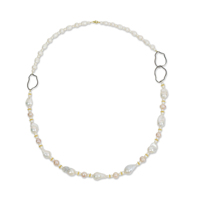 Cultured pearl with gold accents station necklace, 'Exotic Muse' - White Pearl Necklace with Sterling Silver and 24k Gold Plate