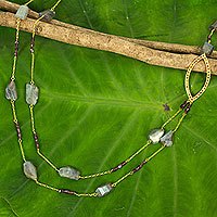 Gold plated labradorite and garnet beaded necklace, 'Lyrical Lanna' - Labradorite & Garnet on 24k Gold Plated Silver Long Necklace