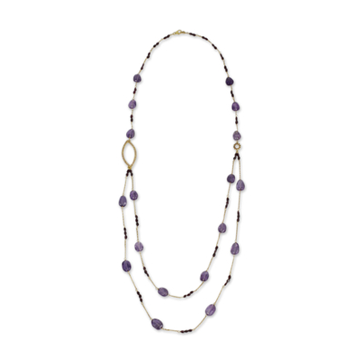 Gold plated amethyst and garnet beaded necklace, 'Lyrical Lanna' - Amethyst and Garnet on Gold Plated Silver 35-Inch Necklace