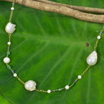 Gold plated cultured pearl station necklace, 'Exotic Beauty' - Pink and White Pearls on Gold Plated Necklace with Gemstones