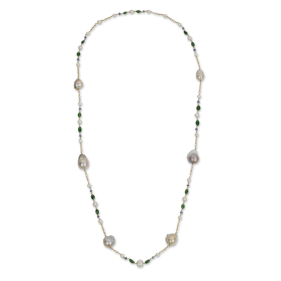 Vergoldete Stationshalskette mit Zuchtperlen - Rosa und weiße Perlen an vergoldeter Halskette mit Edelsteinen