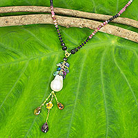 Gold plated cultured pearl and multi-gemstone pendant necklace, 'Precious Rainbow' - Handmade Necklace Multicolor Gemstones and White Pearls