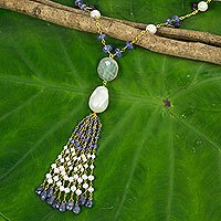 Gold plated cultured pearl and iolite pendant necklace, 'Siam Sonnet'