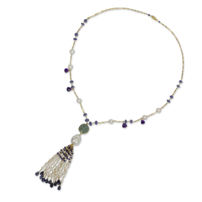 Collar con colgante de iolita y perlas cultivadas bañadas en oro - Collar de Plata con Baño de Oro de 28 Pulgadas con Perla y Amazonita