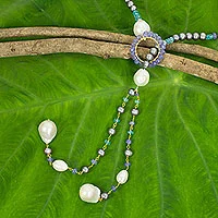 Cultured pearl and multi-gemstone lariat necklace, 'Treasures So Sweet' - Multi Gemstone and Pearl Lariat Necklace from Thailand