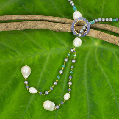 Lasso-Halskette aus Zuchtperlen und mehreren Edelsteinen - Lariat-Halskette mit mehreren Edelsteinen und Perlen aus Thailand