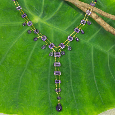 Gold plated amethyst Y-necklace, 'Purple Princess' - Amethyst and Gold Plated Silver Y-Necklace from Thailand