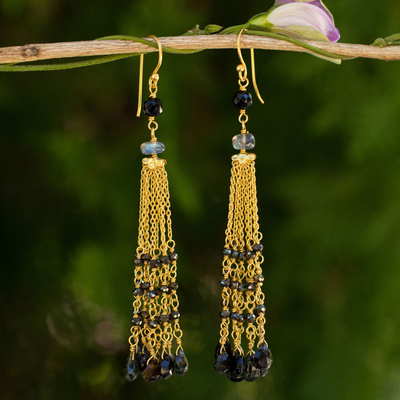 Gold plated labradorite and spinel waterfall earrings, Elysian Cascade