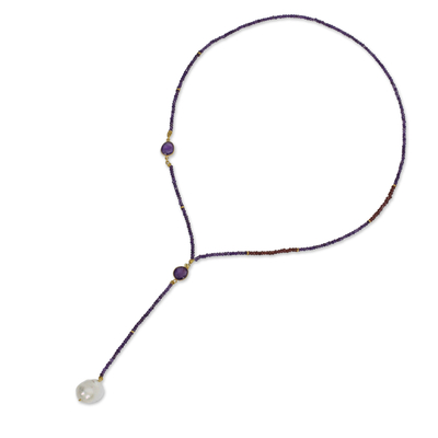 Amethyst and garnet long beaded necklace, 'Spellbound' - Amethyst Garnet and Pearl 27-Inch Long Beaded Necklace