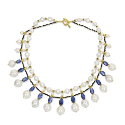 Gold accent cultured pearl and kyanite waterfall necklace, 'Thai Princess' - White Pearl Blue Kyanite Waterfall Necklace with Gold Accent