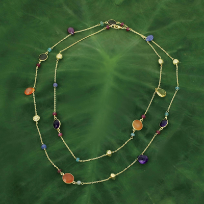 Gold plated multigemstone station necklace, 'Color and Fantasy' - Multi Gemstones on Gold Plated Long Station Necklace