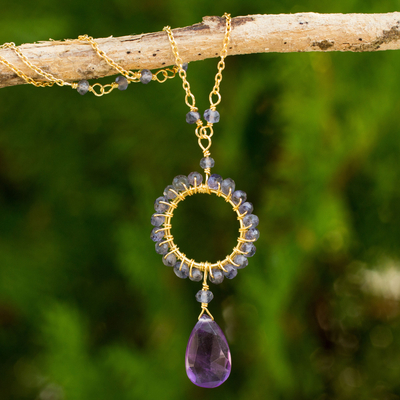 Gold plated iolite and amethyst pendant necklace, 'Iris Rain' - 24k Gold Plated Silver Necklace with Iolite and Amethyst