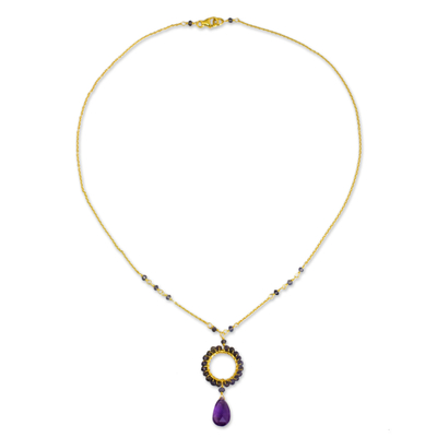Gold plated iolite and amethyst pendant necklace, 'Iris Rain' - 24k Gold Plated Silver Necklace with Iolite and Amethyst