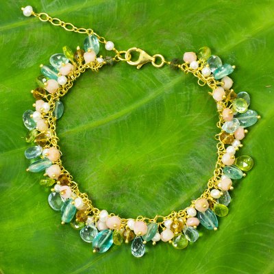 Gold plated cultured pearl and multi-gemstone beaded bracelet, 'Fantastic Rainforest' - Multi Gemstone and Pearl Gold Plated Cluster Bracelet