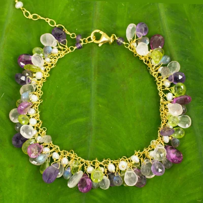 Gold plated cultured pearl and multi-gemstone beaded bracelet, 'Fantastic Orchid Forest' - Gold Plated Multi Gem Bracelet with Pearls from Thailand