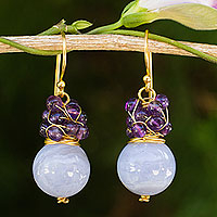 Gold plated blue lace agate and amethyst beaded earrings, 'Harvest Beauty' - Gold Plated Hook Earrings with Blue Lace Agate and Amethyst