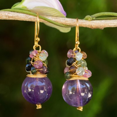 Gold plated amethyst and tourmaline beaded earrings, 'Harvest Beauty' - Gold Plated Hook Earrings with Amethyst and Tourmaline