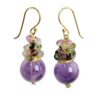 Gold plated amethyst and tourmaline beaded earrings, 'Harvest Beauty' - Gold Plated Hook Earrings with Amethyst and Tourmaline