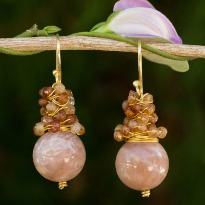 Gold plated sunstone and hessonite beaded earrings, 'Harvest Beauty' - Gold Plated Hook Earrings with Sunstone and Hessonite
