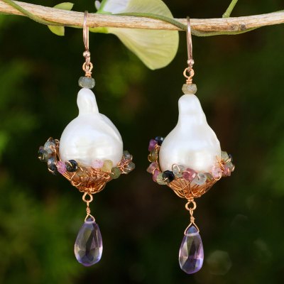 Gold plated cultured pearl and amethyst dangle earrings, 'Precious Nest' - Baroque Pearls Amethyst Tourmaline on Gold Plated Earrings