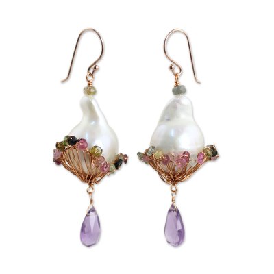 Gold plated cultured pearl and amethyst dangle earrings, 'Precious Nest' - Baroque Pearls Amethyst Tourmaline on Gold Plated Earrings