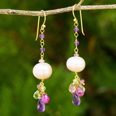 Gold plated cultured pearl and multi-gemstone beaded earrings, 'Tulip Dew' - Peach Pearl Multi Gemstone Gold Plated Earrings