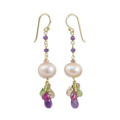 Gold plated cultured pearl and multi-gemstone beaded earrings, 'Tulip Dew' - Peach Pearl Multi Gemstone Gold Plated Earrings