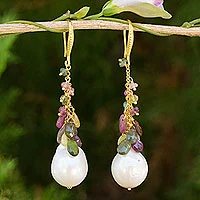 Gold plated cultured pearl and tourmaline earrings, Thai Vineyard