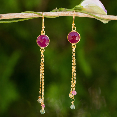 Gold plated sapphire and tourmaline dangle earrings, 'Pink Moonlight' - Thai Sapphire and Tourmaline Gold Plated Silver Earrings