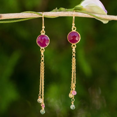 Gold plated sapphire and tourmaline dangle earrings, 'Pink Moonlight' - Thai Sapphire and Tourmaline Gold Plated Silver Earrings