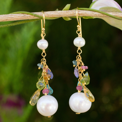 Gold plated cultured pearl and multigem dangle earrings, Rainbow Waterfall
