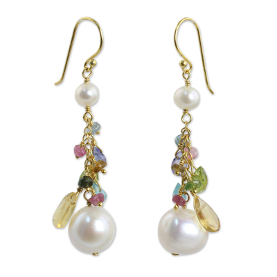 Gold plated cultured pearl and multigem dangle earrings, 'Rainbow Waterfall' - Pearls and Gemstones on 24k Gold Plated Hook Earrings