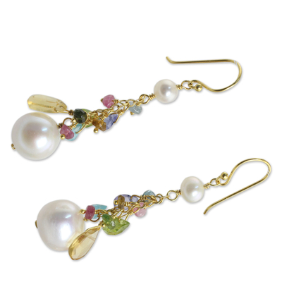 Gold plated cultured pearl and multigem dangle earrings, 'Rainbow Waterfall' - Pearls and Gemstones on 24k Gold Plated Hook Earrings