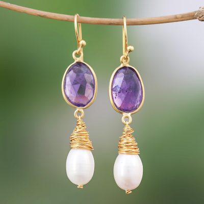 Gold plated cultured pearl and amethyst dangle earrings, 'Wisteria Tears' - Pearl and Amethyst Gold Plated Earrings from Thailand