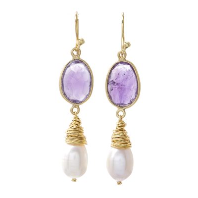 Gold plated cultured pearl and amethyst dangle earrings, 'Wisteria Tears' - Pearl and Amethyst Gold Plated Earrings from Thailand