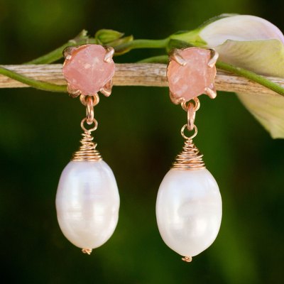 Gold plated cultured pearl and rose quartz dangle earrings, 'Romantic Rose' - Rose Quartz and Pearl on Rose Gold Plated Earrings