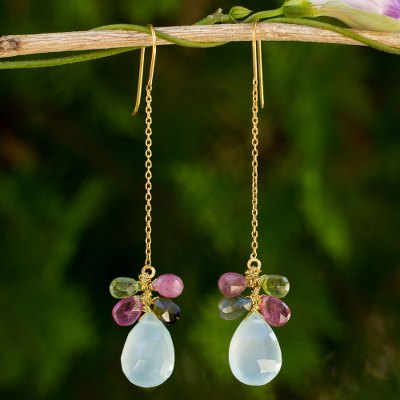 Gold plated chalcedony and tourmaline dangle earrings, 'Siam Glam' - Chalcedony and Tourmaline Gold Plated Earrings from Thailand