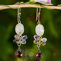 Gold plated moonstone and tourmaline dangle earrings, 'Rainbow Snow'