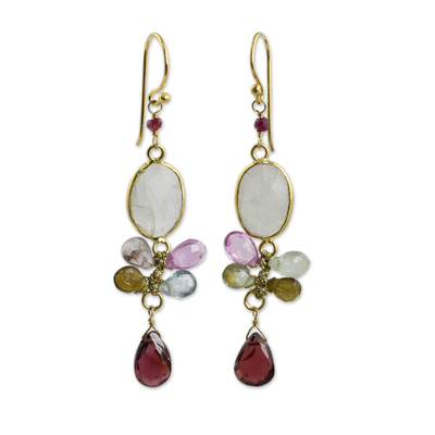 Gold plated moonstone and tourmaline dangle earrings, 'Rainbow Snow' - Moonstone Garnet and Tourmaline 24k Gold Plated Earrings